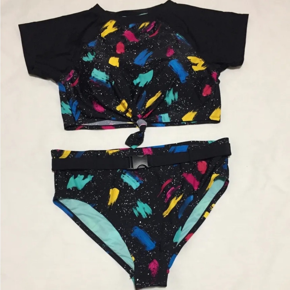Lysa Womens 1X XL Padded Rashguard Crop Belted Bikini Swimsuit NWOT